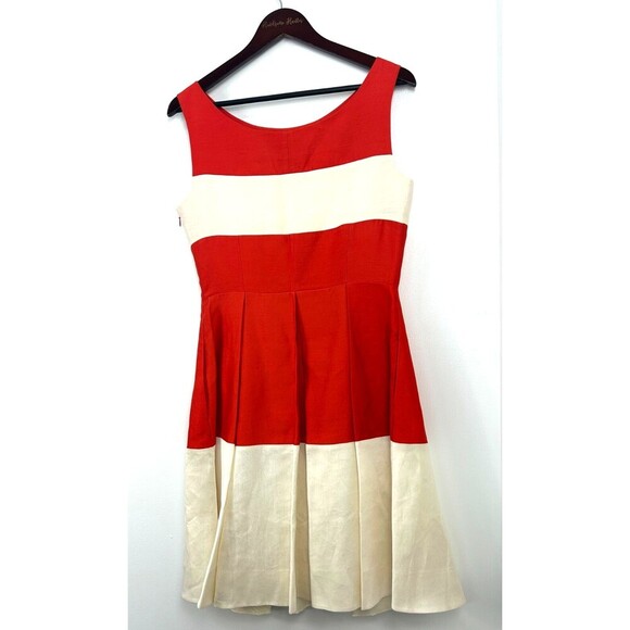 Kate Spade Gayle Fit and Flare Dress Red Cream Size 8 Sleeveless Silk Pleated E4 - Picture 5 of 12